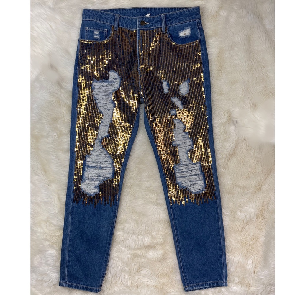 Gold Sequined Ripped Denim Jeans 10